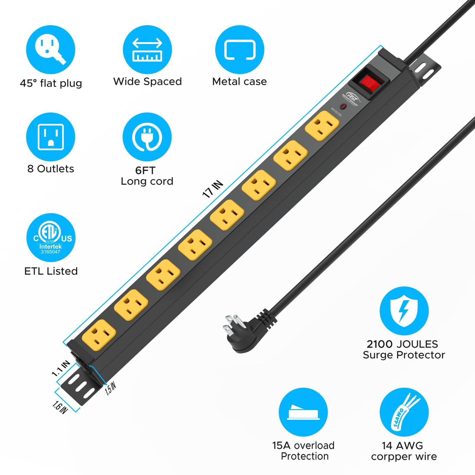 CRST Mountable Long Power Strip, 8-Outlet 2100 Joules Heavy Duty Surge Protector, Slim Metal Power Bar with 6ft 14AWG Cord for Wall Mount, Under Desk, Garage, Workshop, and Office, ETL Listed