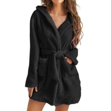 

Wrcnote Fluffy Fleece Long Sleeve Nightgown for Women Nightwear Winter Solid Color Robe Lace Up Bathrobe Black L