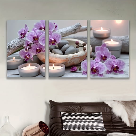 3pcs Frameless Canvas Art Prints - Serene Orchid & White Candle Scene, Elegant Wall Decor for Living Room, Bedroom, Office, or Bar - Perfect Gift for Birthdays, Holidays & Home Decoration, Canvas Wa