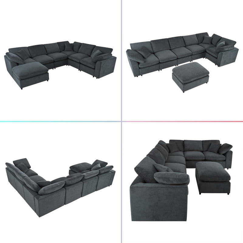 Extra Large 7-Piece Modular Solid Wood Frame Sectional Sofa Set w/ Movable Ottoman, L-Shaped Chenille Oversized Couch