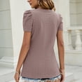 thumbnail image 4 of Camiseta de mujer con cuello en V, manga corta abombada, holgada, informal, Top de encaje con ojales de ganchillo, blusa para mujer, marrón L, 4 of 6