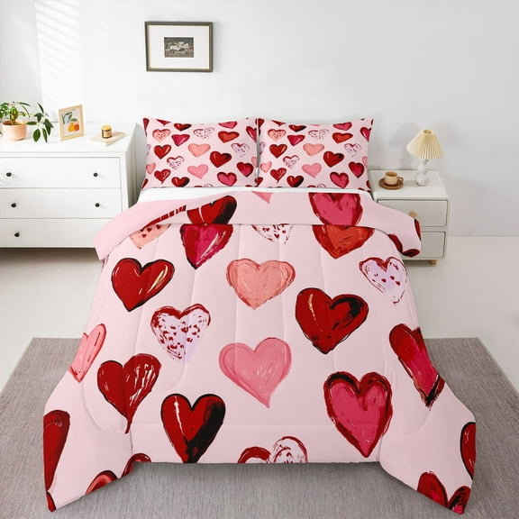 Homewish Oil Painting Loves Bedding Comforter Set,Valentine'S Day Theme Twin Comforter Sets,Pink Red Bedding Set For Men Women,Microfiber Bedroom Decor Reversible,2-Piece