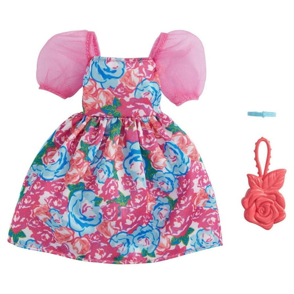 ​Barbie Fashion Pack with Pink Floral Dress with Puffy Sleeves, Flower-Shaped Purse & Blue Necklace