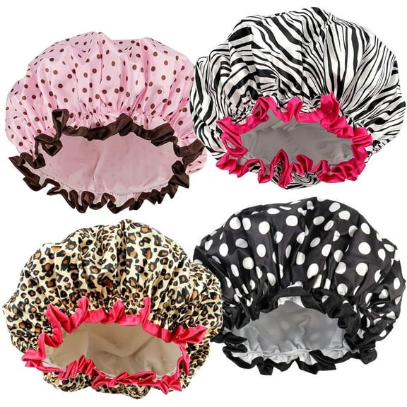 4 Pieces Waterproof Shower Cap,Shower Caps for Women, Elastic Reusable Bathing Hair Cap Environmental Protection Hair Bath Caps, Double Waterproof Layers Bathing Shower Hat