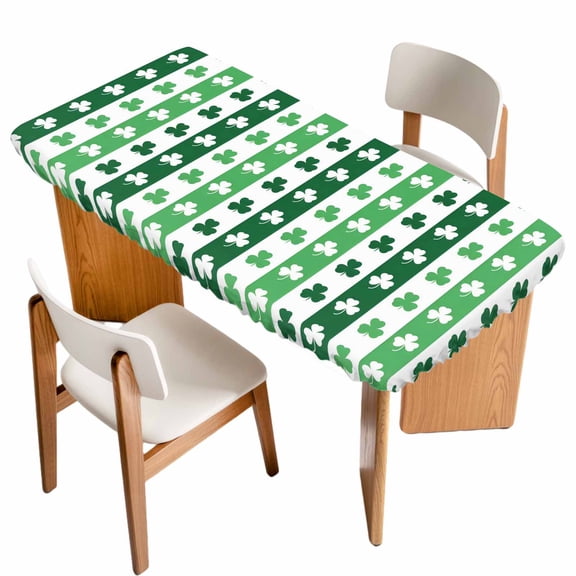 St. Patrick's Day Table Cloths for 5 Foot Rectangle Tables, Green Irish Lucky Clovers Stripes Patio Waterproof Elastic Fitted Tablecloths, Washable Rectangular Table Cover for Camping
