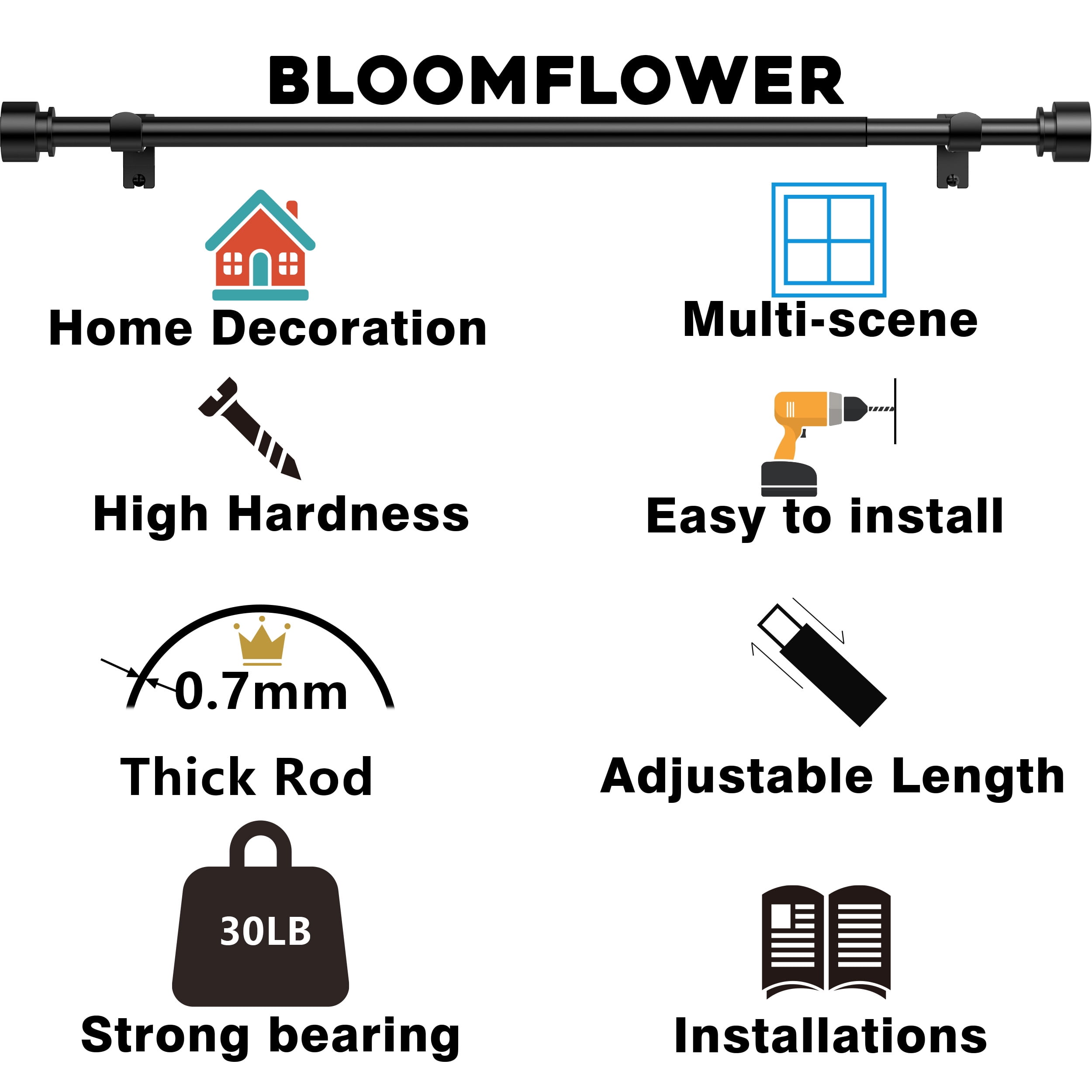 BloomFlower Curtain Rods 48-84 Inch, 93-inch rod Adjustable Length Heavy Duty Diameter 7/8 inch, Decorative Finials, Black