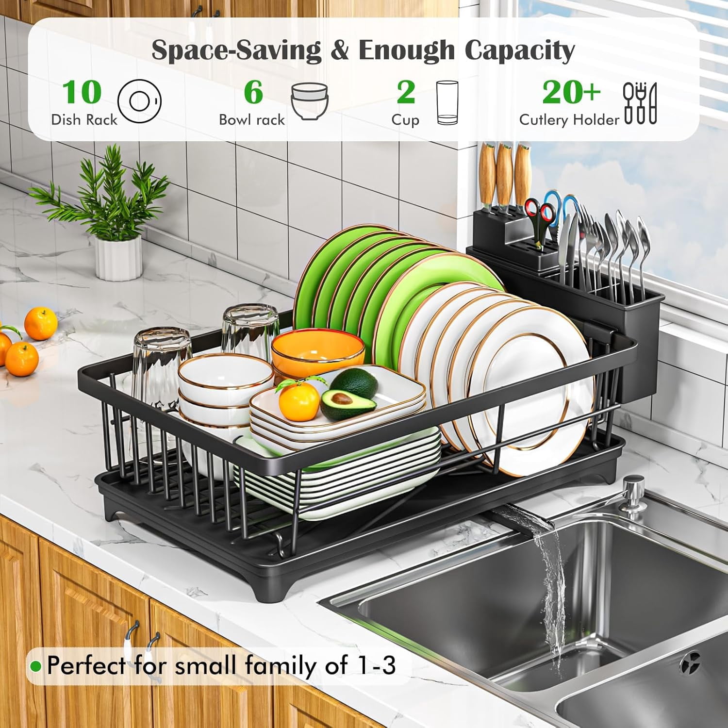 Dish Drying Rack - Space-Saving Small for Kitchen Counter, Rust-Resistant Rack, Compact Drainer Organizer with Utensil Holder Home Kitchen, Black