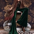 thumbnail image 6 of Womens Velvet Bell Bottom Pants Flared Leg High Waist Trousers Glitter Print Retro Style Trousers for Parties Events Green L, 6 of 7