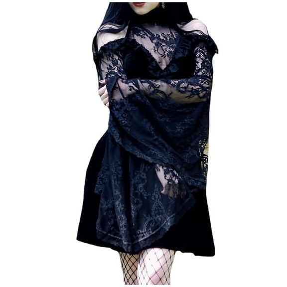 Holloyiver Women's dark gothic style Europe and the United States lace splicing shoulder dress long-sleevedRetro V-neck dresses S-L