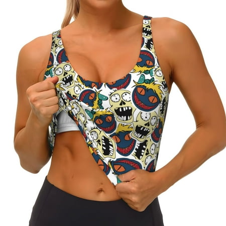 Qokaie Happy Skeleton Pattern Womens Scoop Neck Sports Bra Breathable Workout Vest Padded U Back Medium Impact Fitness Gym Yoga Bra Workout Crop Top