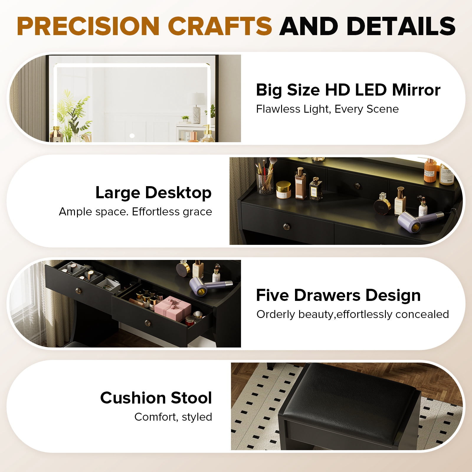 LUCKLIFE Black Vanity Desk with Mirror and Lights, 5 Drawers & Charging Station, Vanity Table and Chair Set
