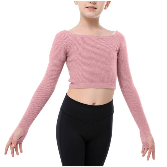 BFHHYA Girls Long Sleeve Dance Knit Top with Thumb Holes Soft Ballet Warm Pullover Dance Crop Sweater for Leotards Ballet