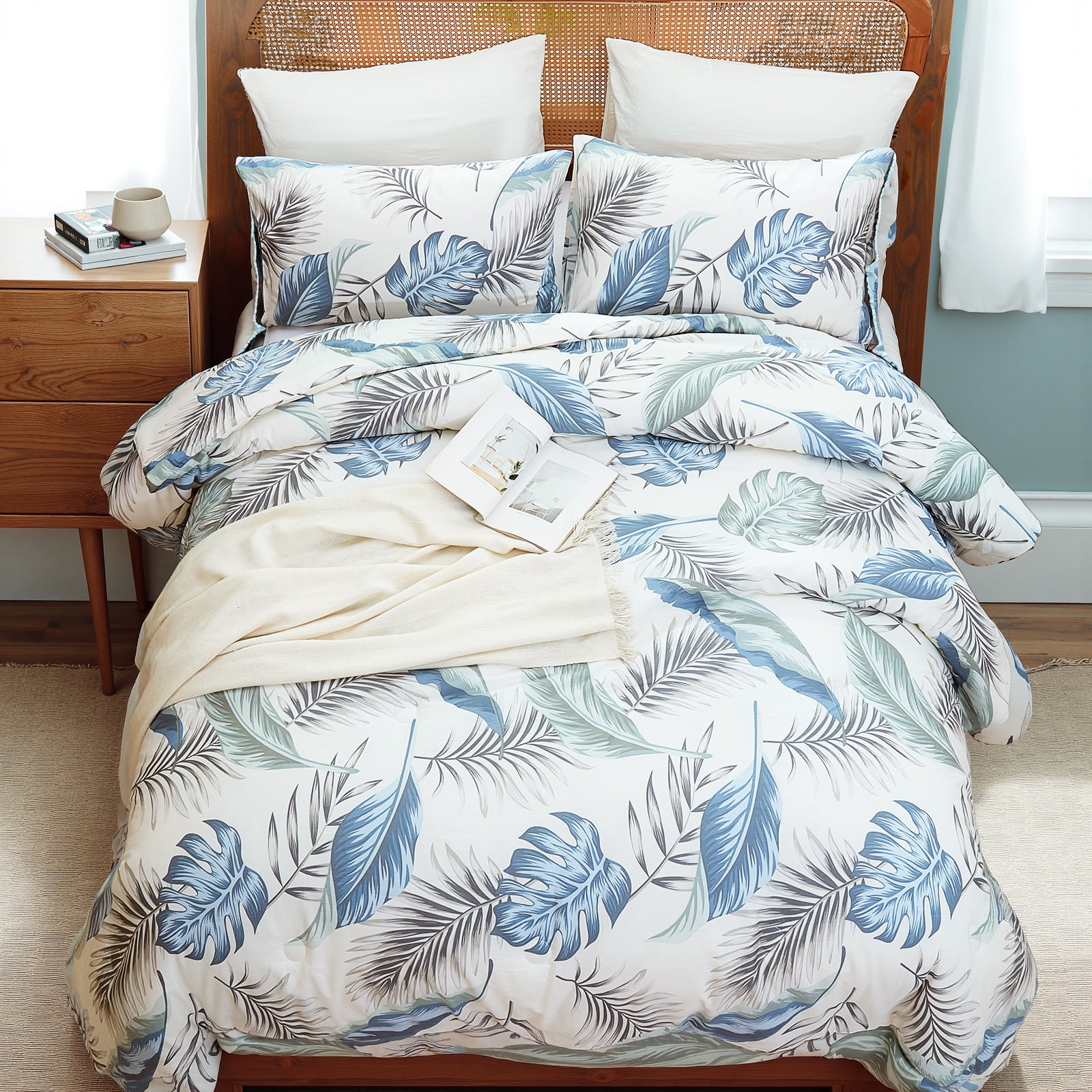 100% Cotton Comforter Set Queen Size, Botanical Floral Comforter with 2 Pillowcases, Vintage Garden Flowers Pattern, Soft Breathable Bedding for All Seasons