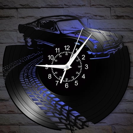 Retro Wall Clock, 12 Inch 7 Colors Luminous Garage Clock Silent Quartz Non Ticking Decorative Night Light LED Vinyl Record Themed Shop Clock for Shop Guy