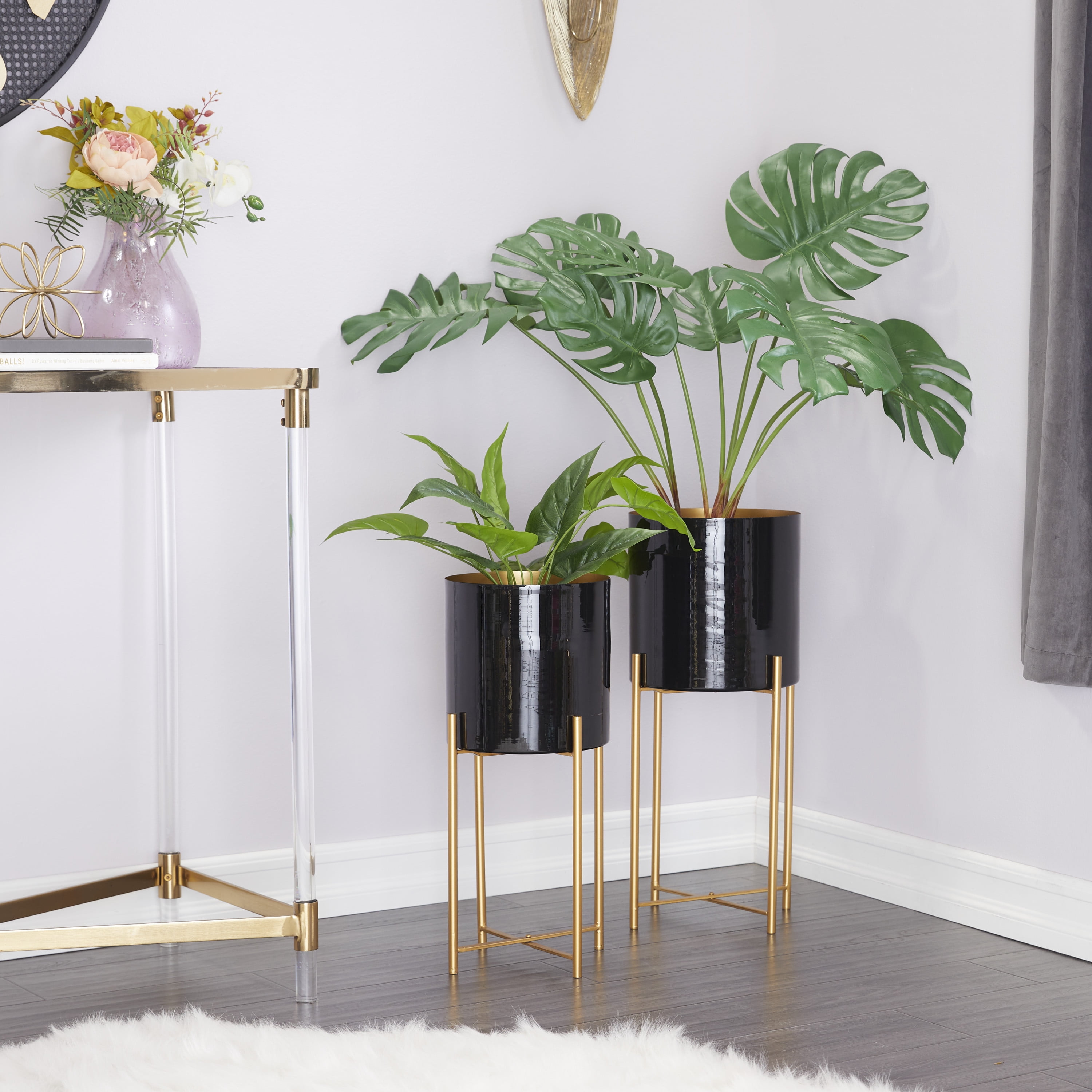 CosmoLiving by Cosmopolitan 24", 21"H Indoor Outdoor Black Metal Planter with Removable Stand (2 Count)