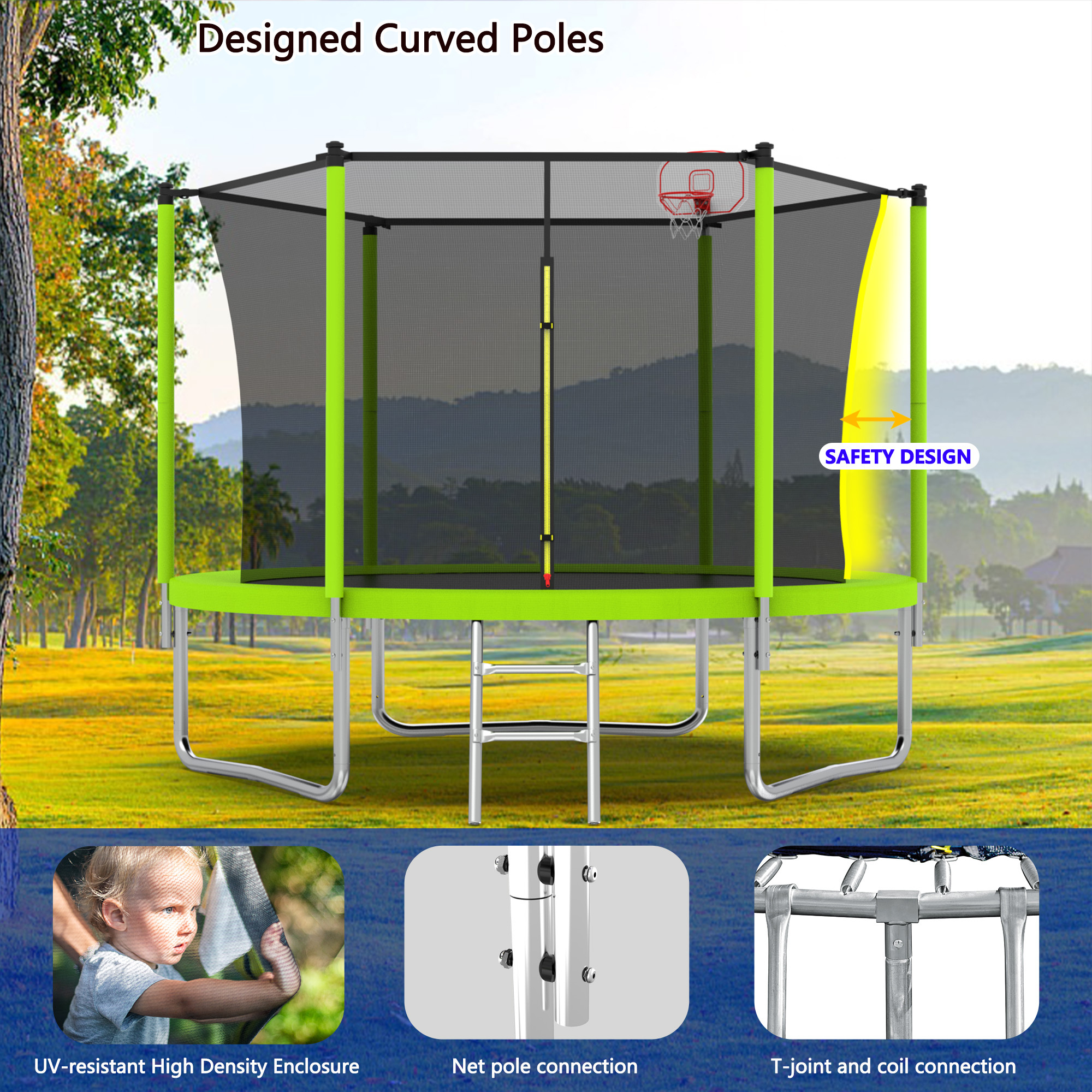 Alvantor 8Ft Kids Trampoline Round Trampolines with Basketball Hoop & Enclosure Net, Age 3-10 Green