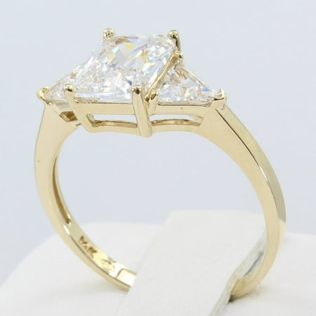 8mm Trillion Prong Ring Setting - 2.00 Ct 14K Real Yellow Gold 3 Three Stones Emerald Cut Center and Trillion Triangle Shape on Sides 4 Prong Basket Setting Engagement Wedding Propose Promise Ring