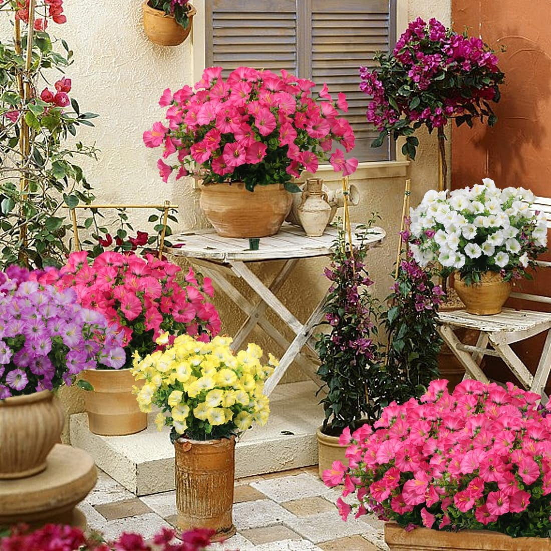 12 Bundles Artificial Morning Glory Fake Boxwood Shrubs UV Resistant No Fade Faux Greenery Plants for Indoor/Outdoor Hanging Planters, Home Garden, Porch, Patio Wedding Decor (Pink)