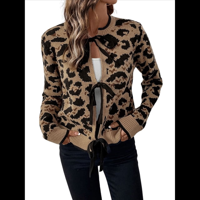 Suéter con Estampado de Leopardo para Mujer, con Lazo Frontal, Larga, Cuello Redondo, Cárdigan de Punto Abierto, Ropa Informal Holgada. Marrón S