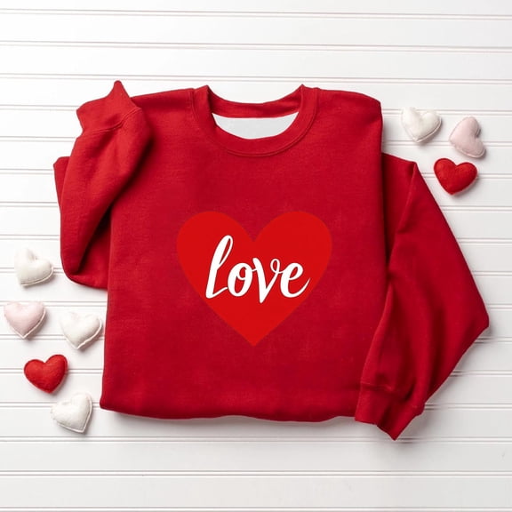 Girls' Red Valentine's Day Sweatshirt, Oversized Crew Neck with Heart "Love" Graphic, Soft Stretchy for Kids & Teens Sizes 90-160,Size 2-3 T