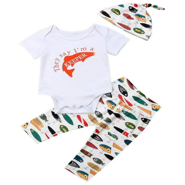 3PCS Newborn Baby Boy Fish Printed Short Sleeve Romper Printed Long