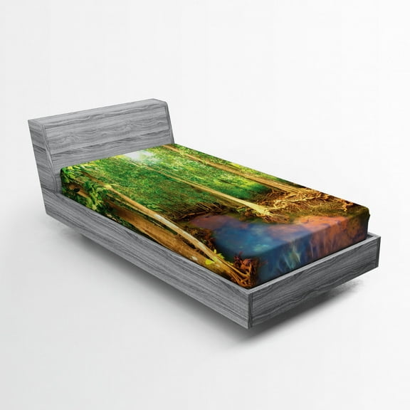 Ambesonne East Fitted Sheet, Roots of Mangrove Trees, Twin Size, Green Brown