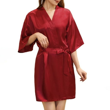 HAPIMO Lingerie Silk Robe Bathrobe Lightweight Cardigan Pajamas for Women Holiday Waistband Teen Girls Trendy Satin Stripe Comfy Relaxed Sleepewear Lace Long Sleeve Red XXL