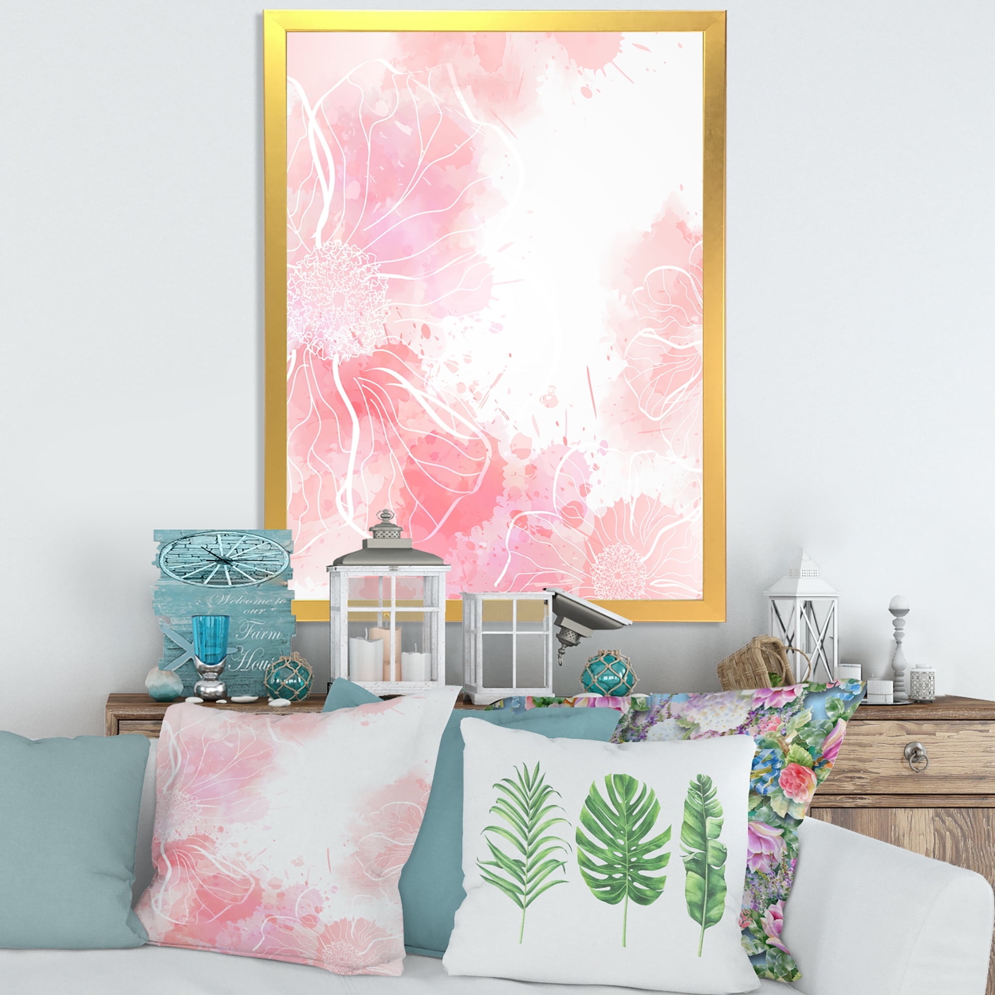 Designart 'Abstract Splashes of Pink Flowers I' Modern Framed Art Print