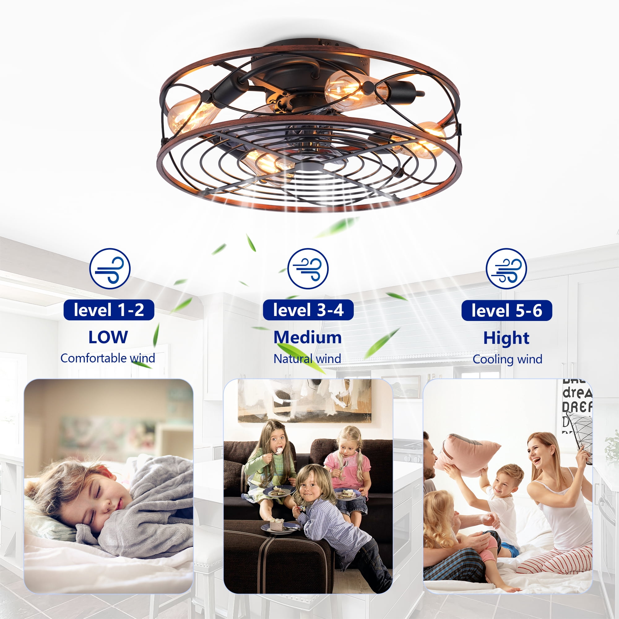 Leumius 20" Caged Ceiling Fan with Lights and Remote Control ,Reversible Motor, DC Remote Control,6 Speed Ceiling Fan for Living Room Bedroom Dining Room (NOT Included Bulbs)