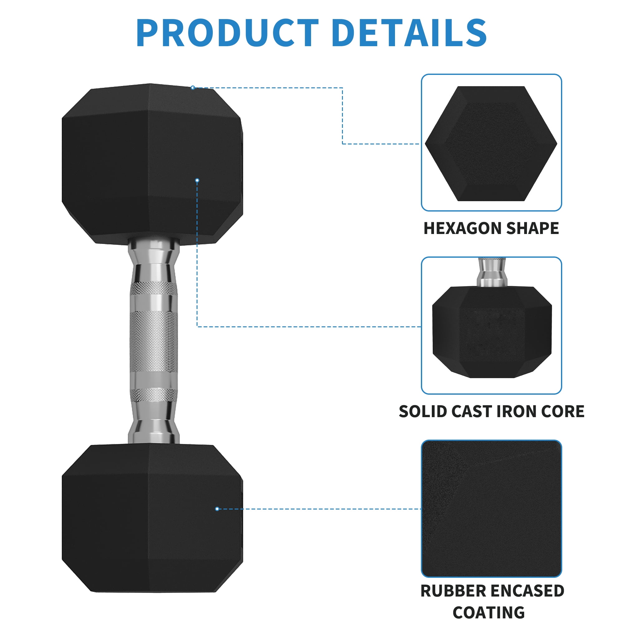 5-50 LB Hex Dumbbells Set of 2, Rubber Encased Cast Iron Dumbbells with Textured Carbon Steel Handle, Anti-Roll Hexagon Weight Pair Strength Training Hand Weights for Home Gym, Men & Women