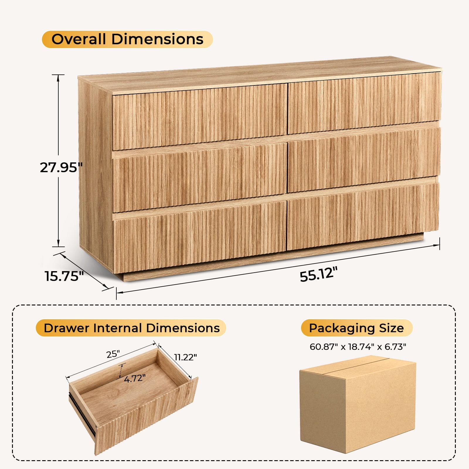 Handleless 6-Drawer Dresser with Grille Finish P2 Particleboard + MDF & Melamine Veneer + Vacuum-Formed Storage Cabinet 55.12*15.75*27.95in Oak