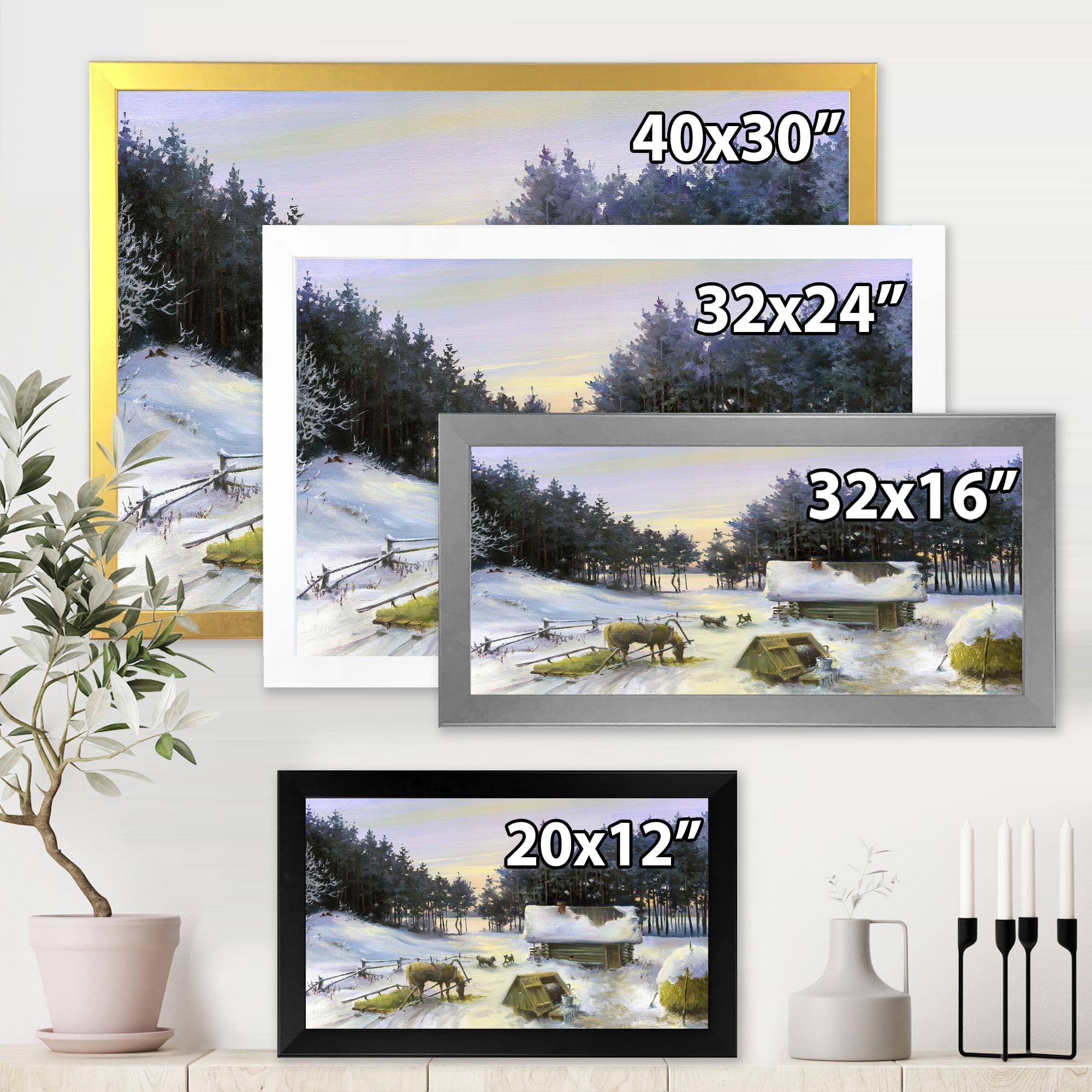 Designart 'Cottage Covered In Snow With Winterscene' Country Framed Art Print