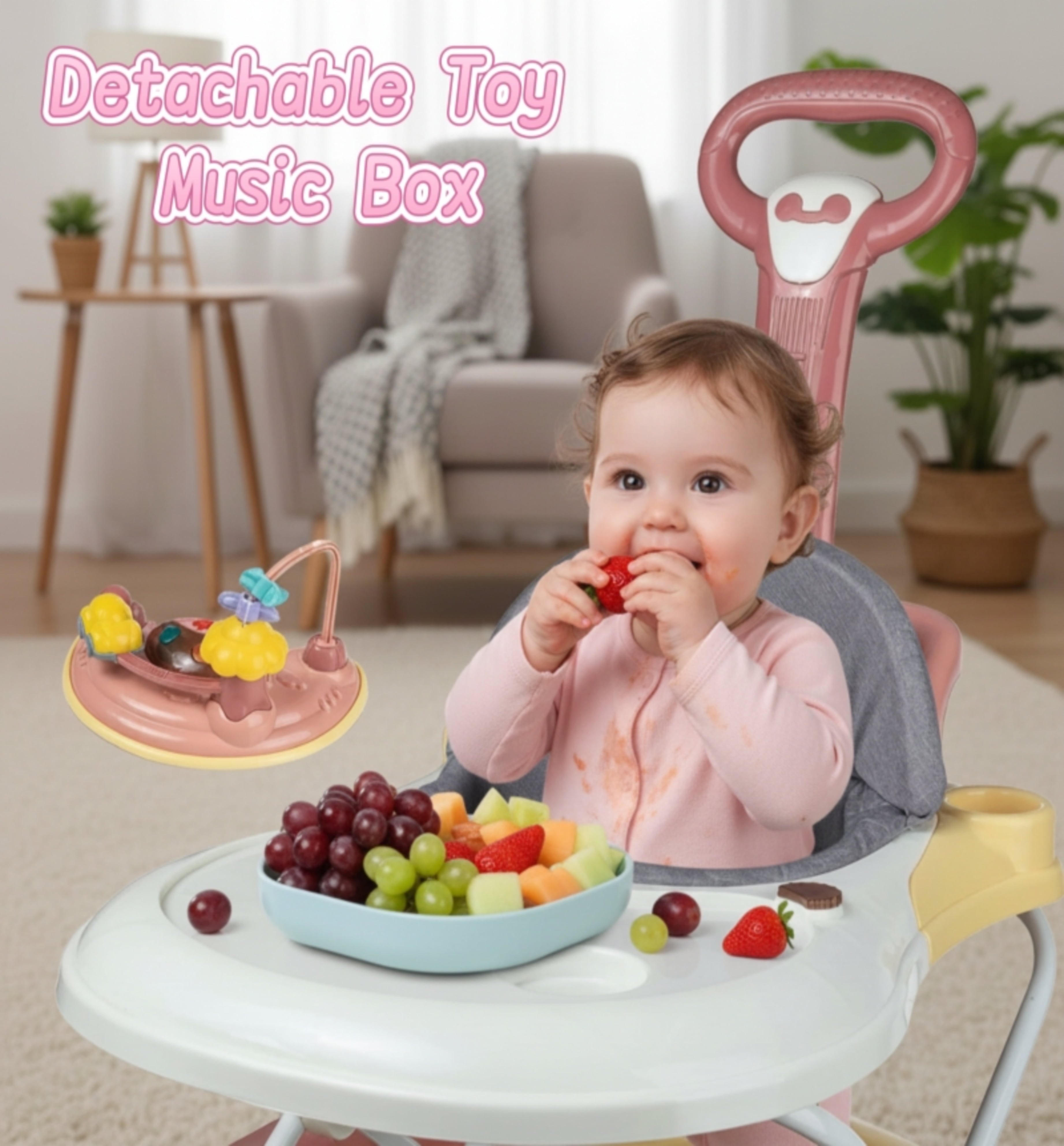 JUANYU Baby Walker,4-in-1 Multi-functional Adjustable Height Toddler Feeding Walker,for Toddlers 6-18 months,Pink