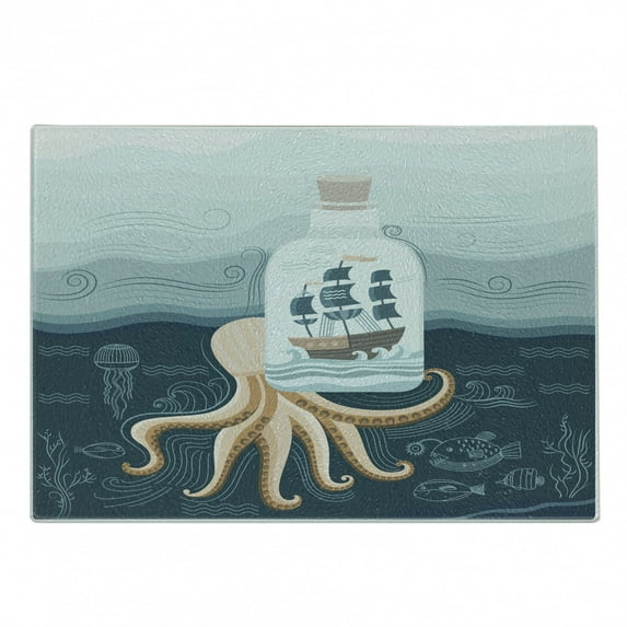 Octopus Ship Cutting Board, Pirate Ship in a Bottle in the Sea Jellyfish Ocean Waves Deep Water, Decorative Tempered Glass Cutting and Serving Board, in 3 Sizes, by Ambesonne