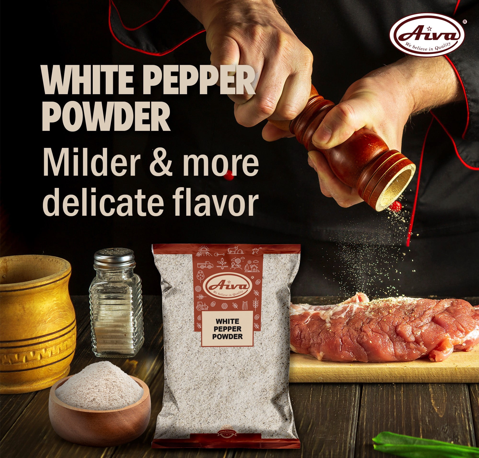 Aiva White Pepper Ground (Powder) | 14 oz (Pack of 20)