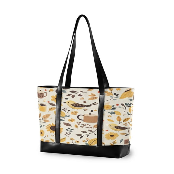 FORMRS Canvas Laptop Tote Bag for Women with 15.6" Computer Compartments Shoulder Handbag, Beige Birds Floral