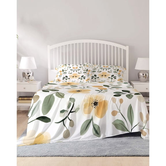 4 Piece King Sheet Set Botanical Sheets Set for King Size Bed, Breathable Soft Microfiber Bed Sheets Cooling Flower Floral Vintage Wildflower Garden Motifs Fitted Sheet Deep Pocket, Pillowcases