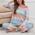 thumbnail image 2 of Traje de ocio para mujer, estampado a rayas de colores, cuello redondo, elástico, suelto, ropa de ocio para deportes diarios, color oscuro M, 2 of 6