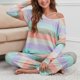 thumbnail image 2 of Traje de ocio para mujer, estampado a rayas de colores, cuello redondo, elástico, suelto, ropa de ocio para deportes diarios, color oscuro M, 2 of 6