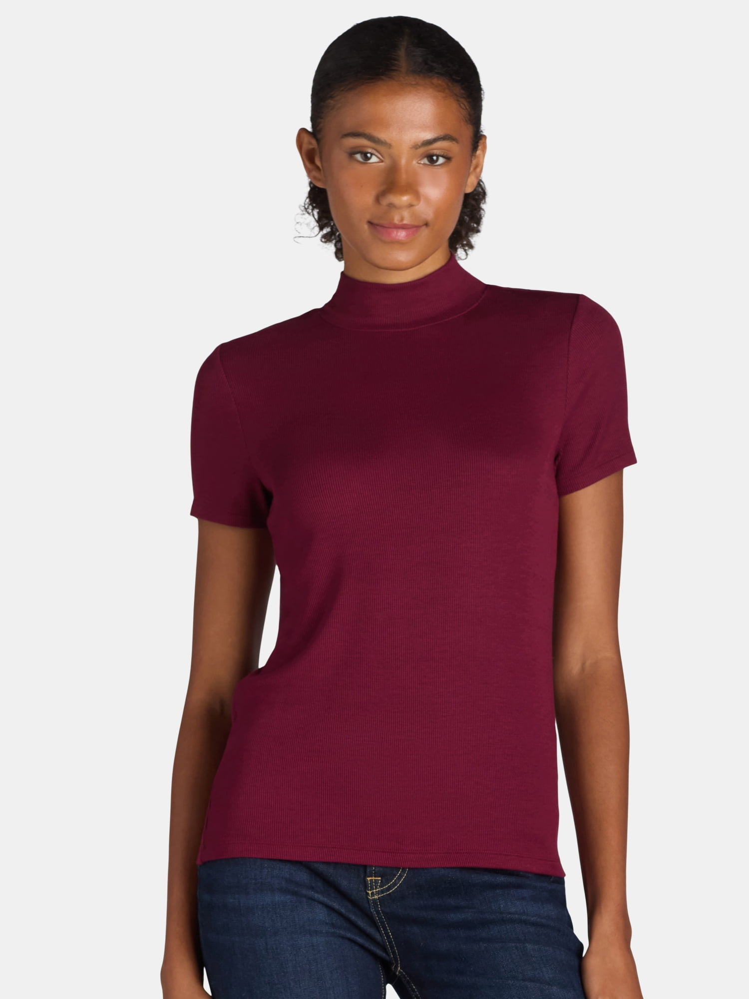 Time and Tru Women's Mock Neck Top with Short Sleeves, 2-Pack, Sizes XS-XXXL