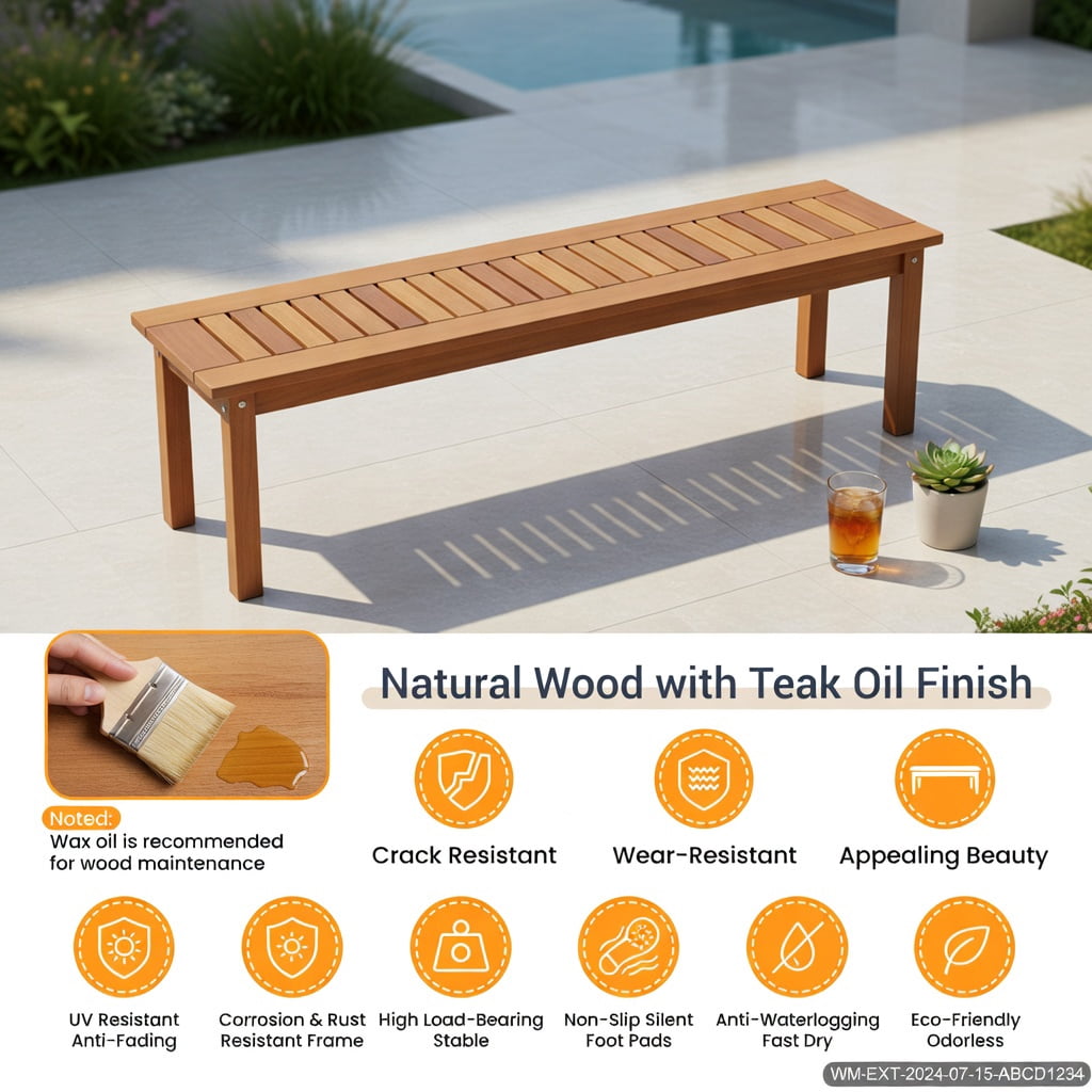 Hommoo 59" Outdoor Wooden Patio Bench, Backless Teak Oil Finished Solid Wood Bench for Porch, Deck, Balcony & Indoor Use, Natural