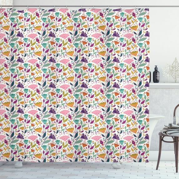 Floral Shower Curtain, Ornamental Botanical Flower Blossom Petals Leaves Mother Nature Girlish Pattern, Fabric Bathroom Set with Hooks, 69W X 84L Inches Extra Long, Multicolor, by Ambesonne