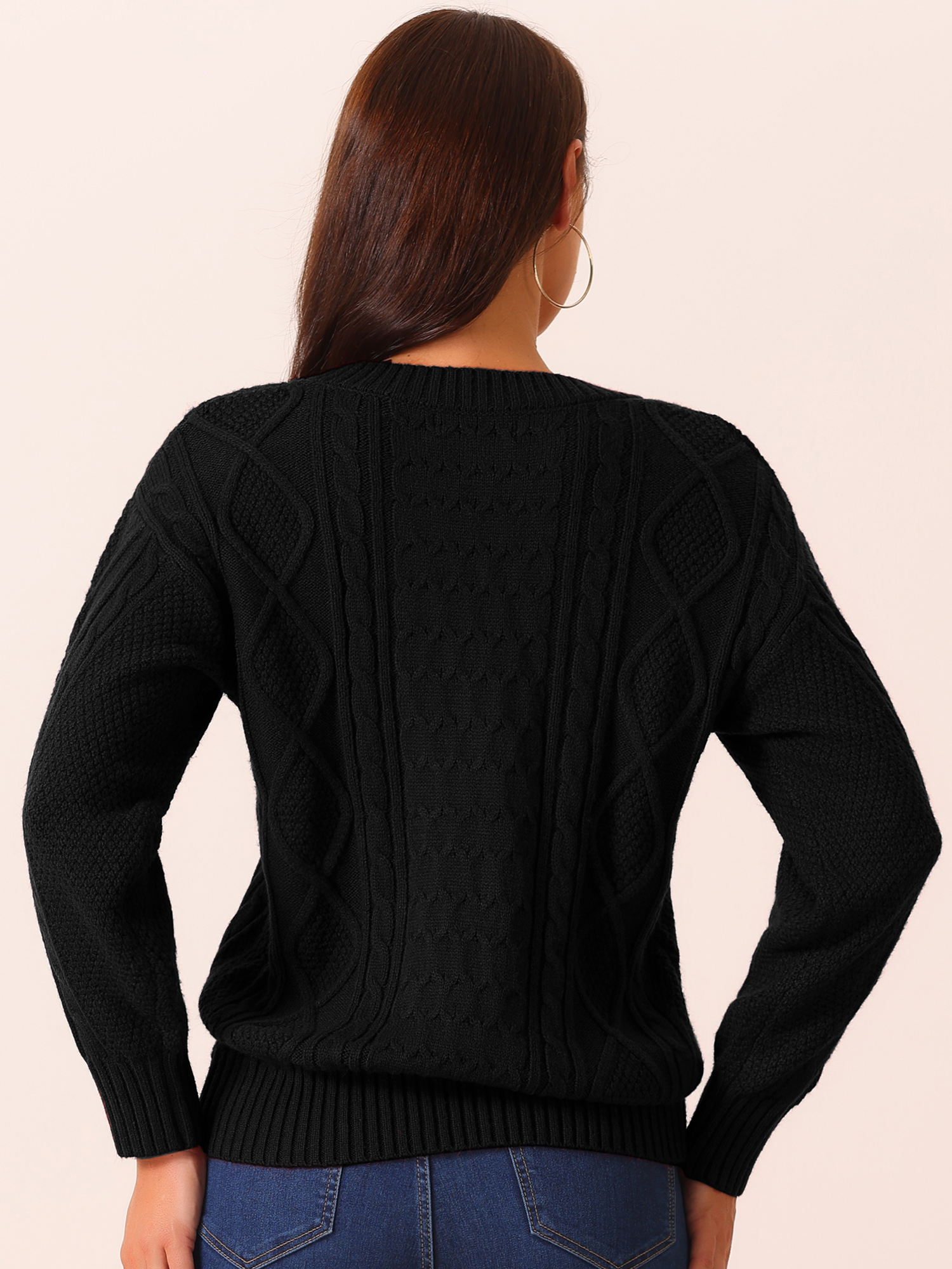DARING DIVA V Neck Long Sleeve Sweater Casual Loose Chunky Pullover L Black