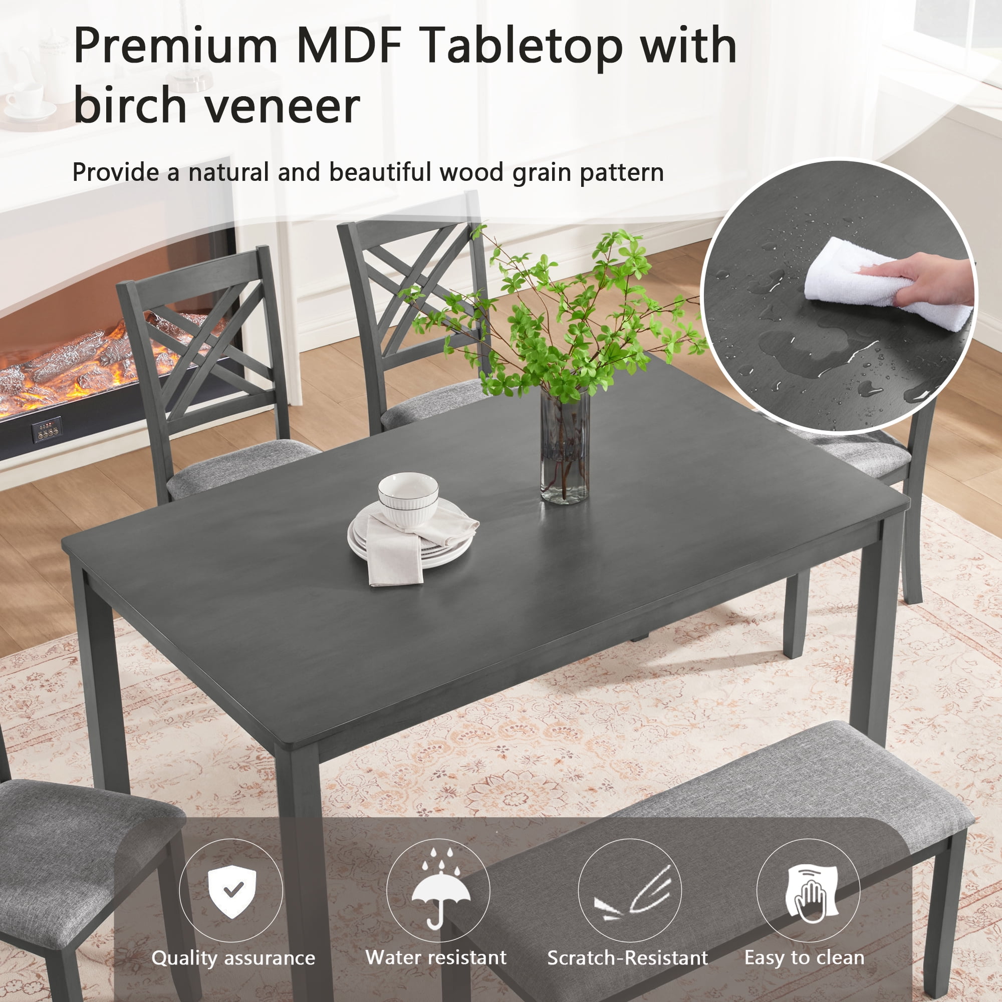Gewnee 6 Piece Kitchen Dining Table Set,Rectangular Table with 4 Upholstered Chairs and a Bench,Wood Dining Room Table Set for 6 People,Dining Furniture Set.Gray