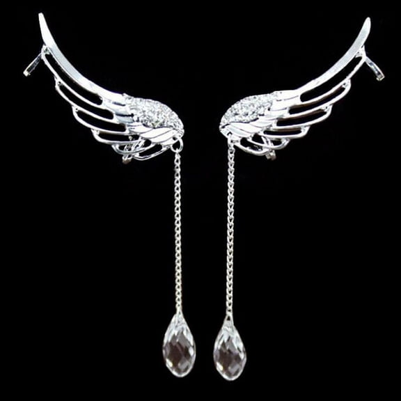 SDJMa Angel Wing Silver Plated Crystal Tassel Chain Drop Ear Cuff Stud Rhinestone Dangle Clip Earrings for Women