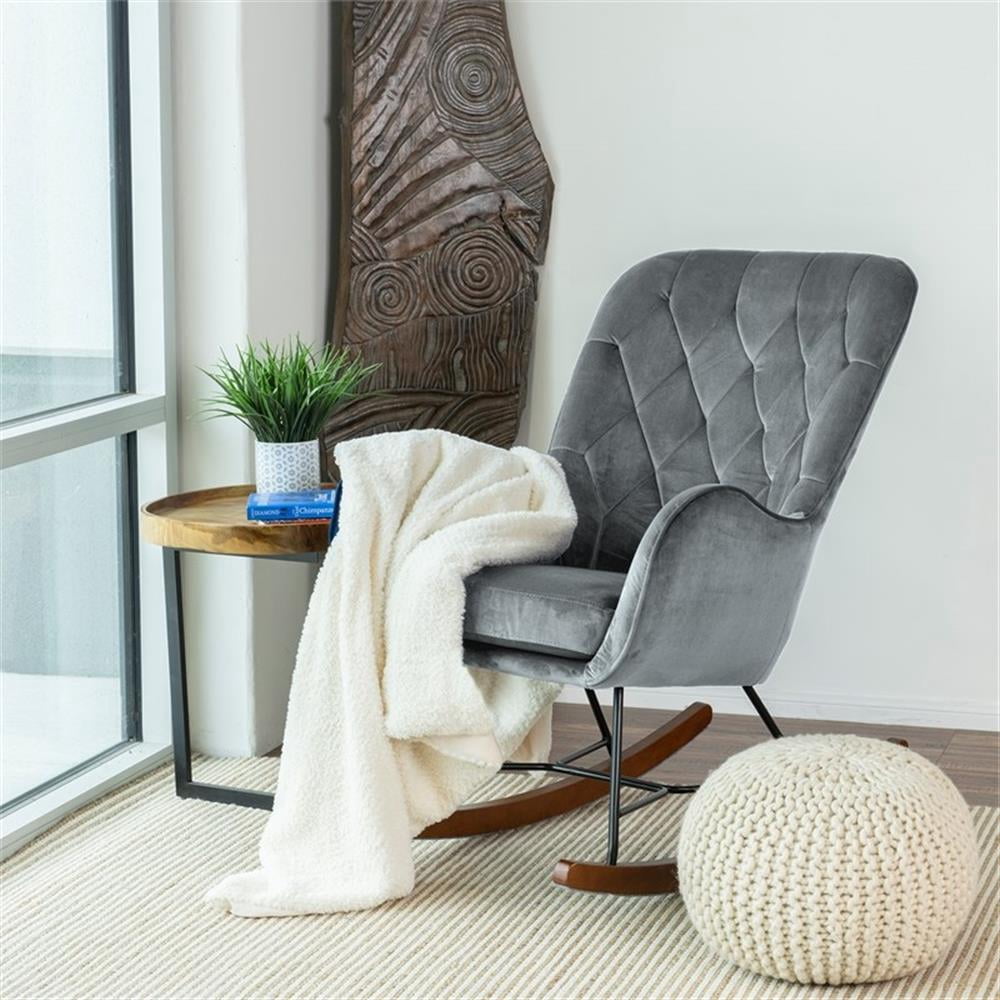 Severn Mid Century Modern Indoor Nursery Velvet Rocking Chairs in Dark Gray