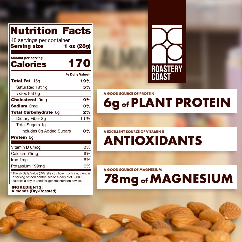 Roastery Coast Just Roasted Almonds | 3 Pounds | Bulk | Unsalted Nuts | Slow Dry Roasted | Steam Pasteurized | Plant Protein | Gluten Free | Non-GMO | Low carb | Keto Snack