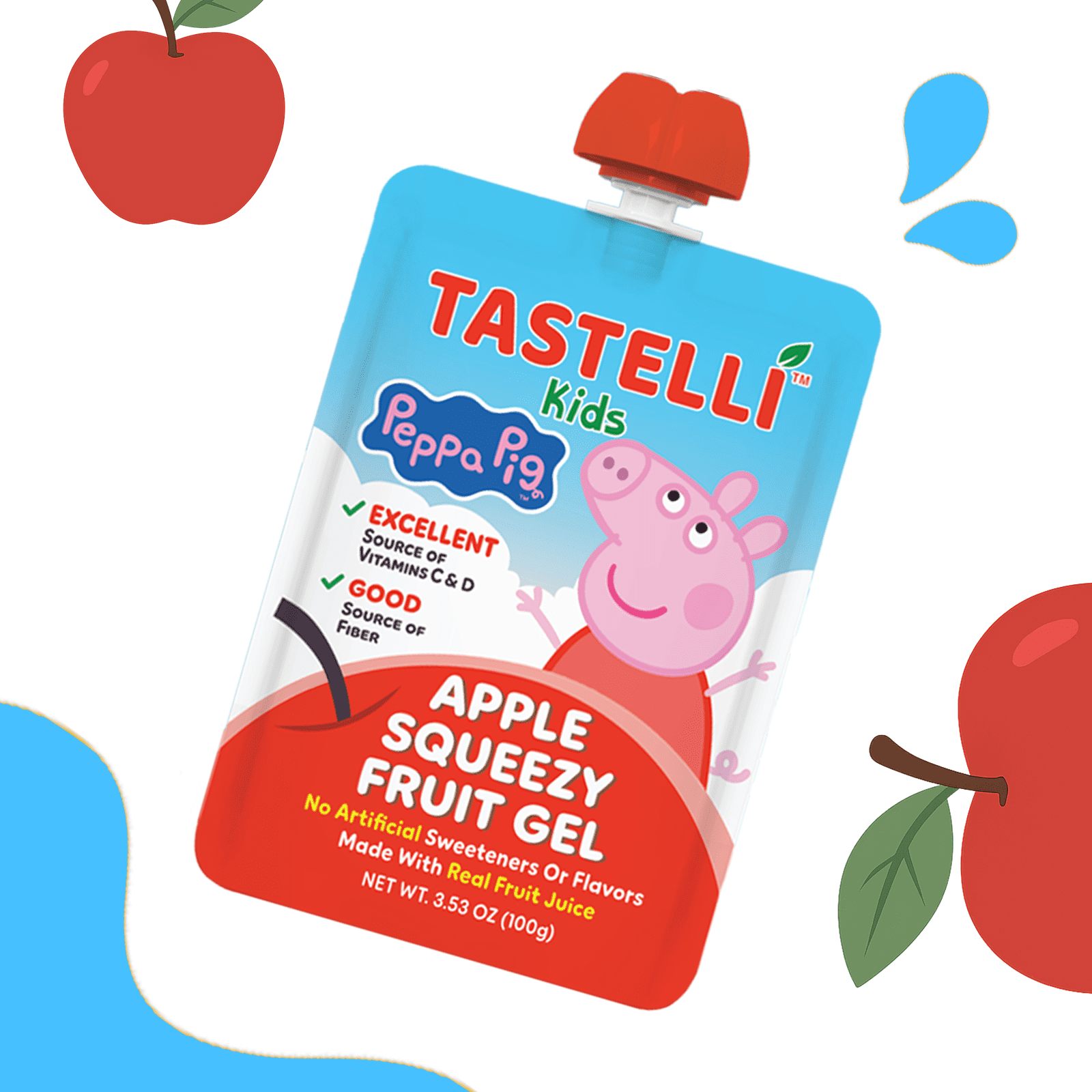 (2 pack) Tastelli Peppa Pig Kids Squeezy Fruit Gel – Apple Flavor – No Artificial Sweeteners or Flavors, Made with Real Fruit Juice, Fiber-Rich Prebiotic Gut Support - 4 Count