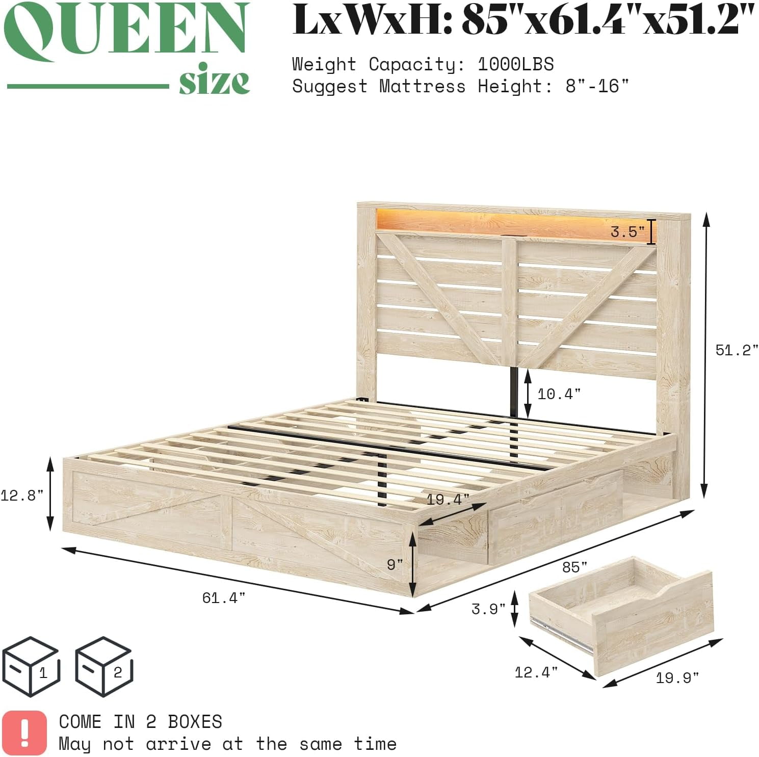 Amerlife Queen Size Storage Bed Frame with 4 Drawers & LED Light, Charging Station, Rustic White