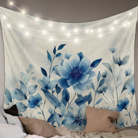 Blue Ombre Floral Tapestry for Bedroom Wall Hanging Tapestry, Spring Elegant Flowers Beige Rustic Ceiling Backdrop Tapestries Poster Blanket Wall Decor for Teens Room Living Room Dorm 55" x 73"